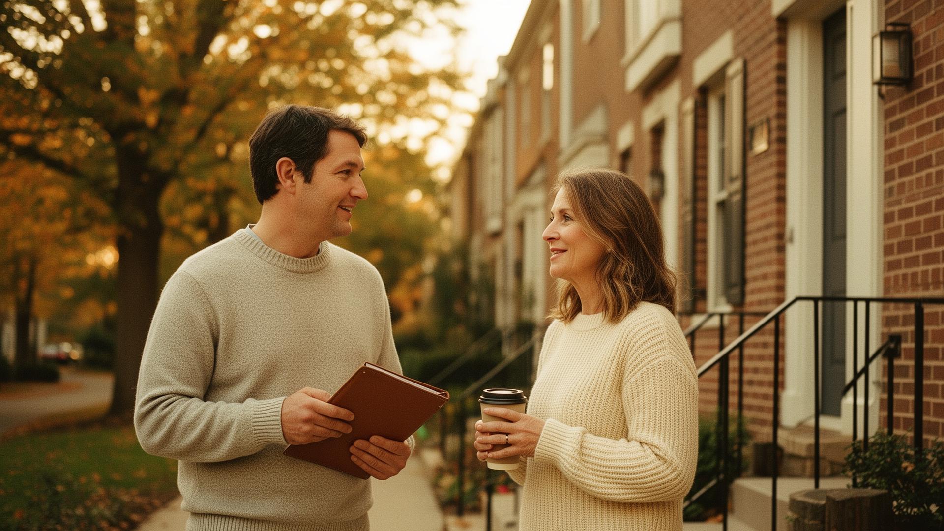 Two RSP property managers in conversation outside a Twin Cities townhome at golden hour