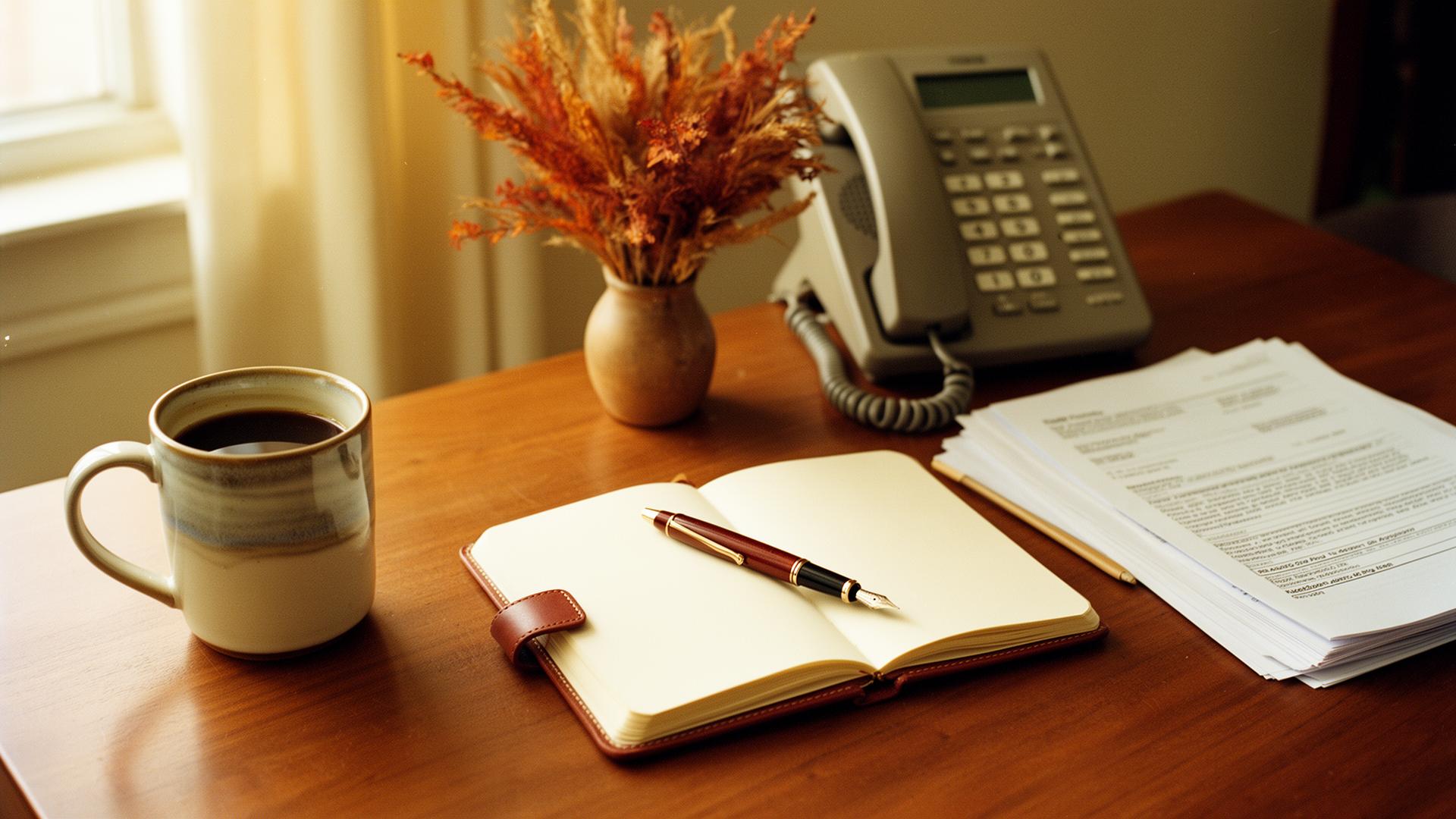 A warm wooden desk with coffee, an open leather notebook, and a vintage phone