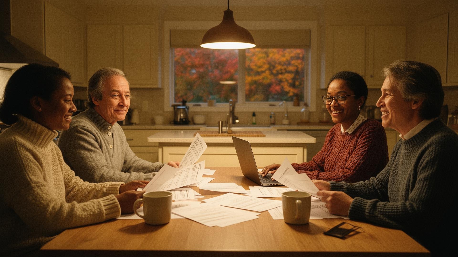 Board members reviewing financials around a kitchen table