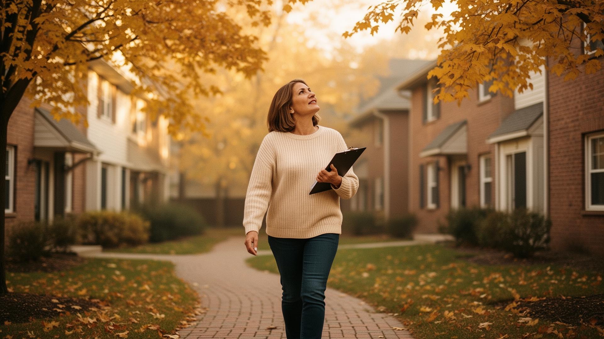 An RSP property manager walking a townhome community on an autumn morning